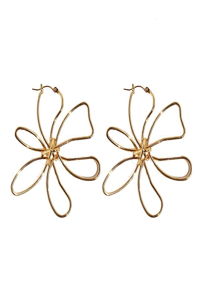 Anmpab Bohemia Large Hollow Flower Hoop Earrings for Women Big Wire Frame Flower Lines Blossom Drop Dangle Earrings (Gold) - Image 1